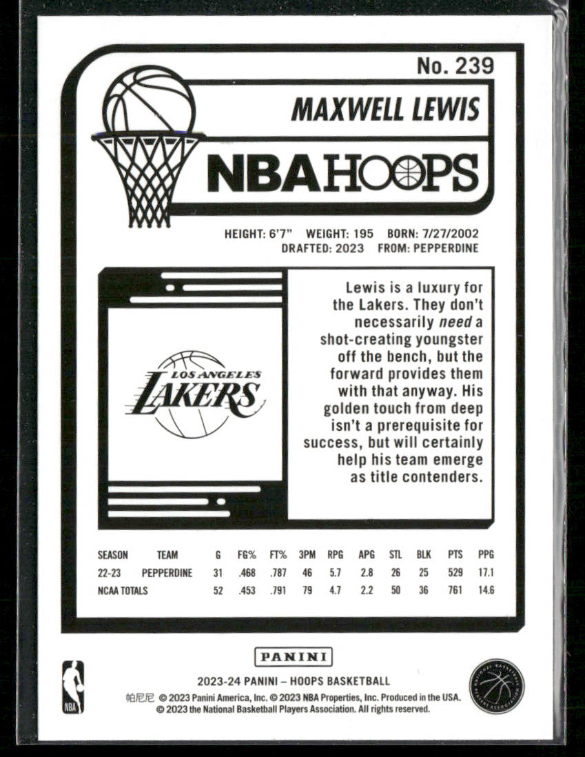 Maxwell Lewis 2023-24 Hoops #239 RC Los Angeles Lakers