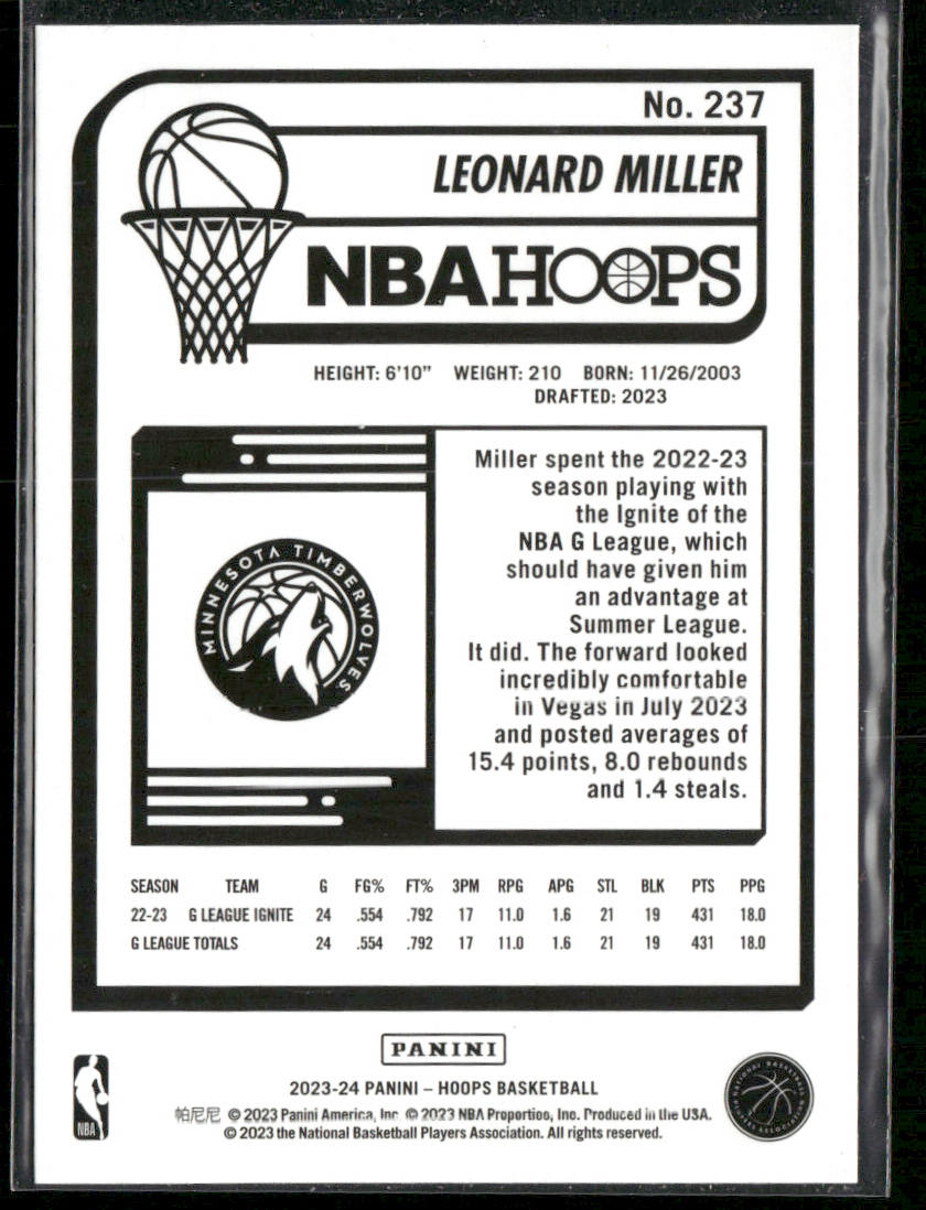 Leonard Miller 2023-24 Hoops #237 RC Minnesota Timberwolves