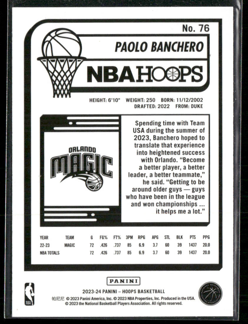 Paolo Banchero 2023-24 Hoops #76 Orlando Magic