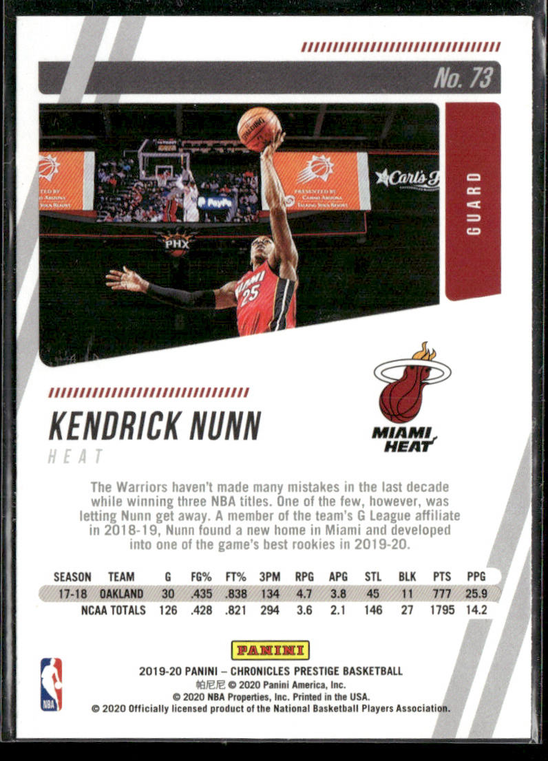 Kendrick Nunn 2019-20 Panini Chronicles #73 RC Miami Heat