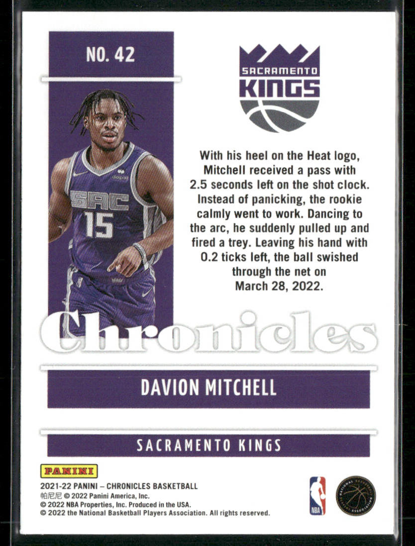 Davion Mitchell 2021-22 Panini Chronicles #42 RC Sacramento Kings