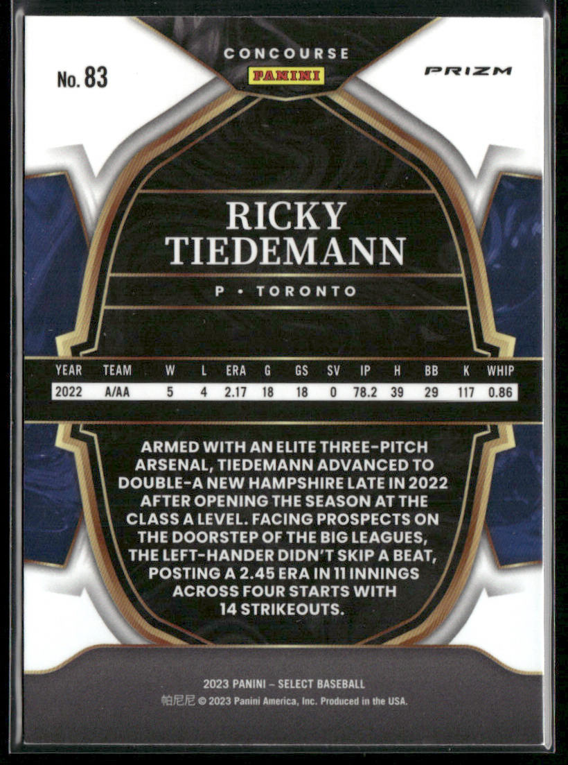 Ricky Tiedemann 2023 Panini Select Silver Prizm #83 Toronto Blue Jays