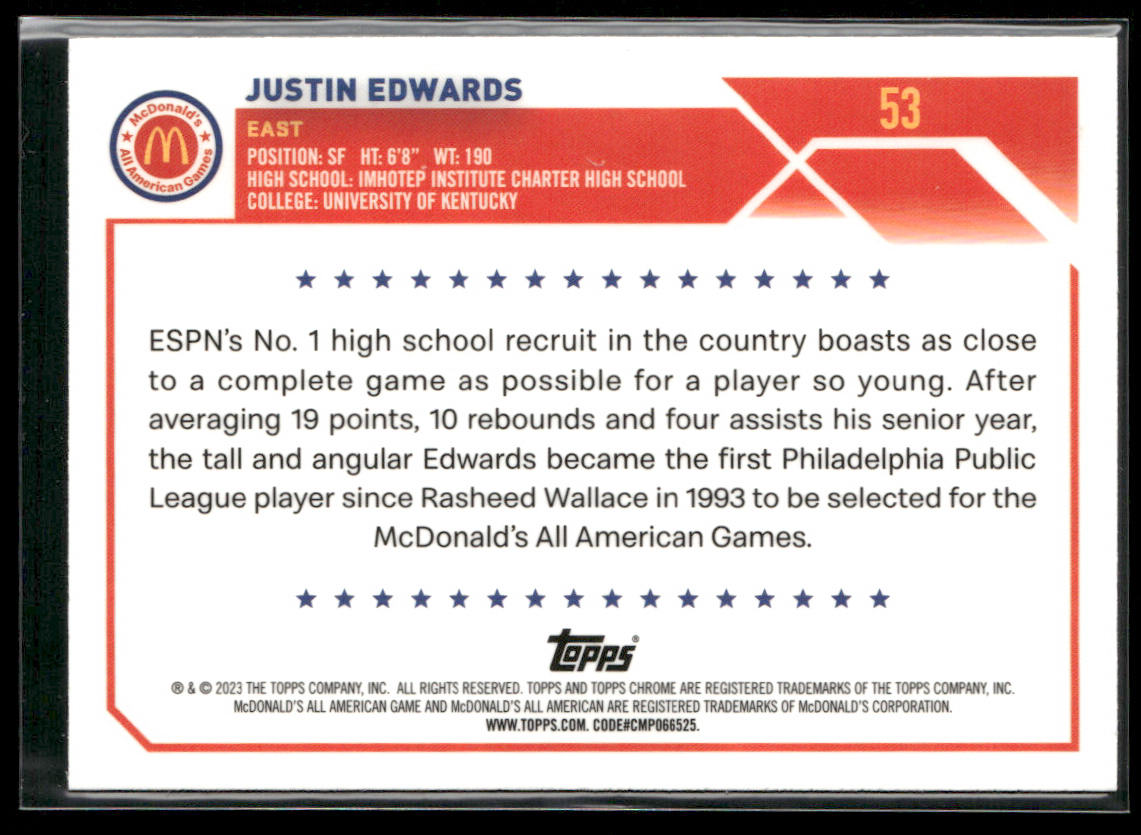 Justin Edwards 2023 Topps Chrome McDonald's All American #53