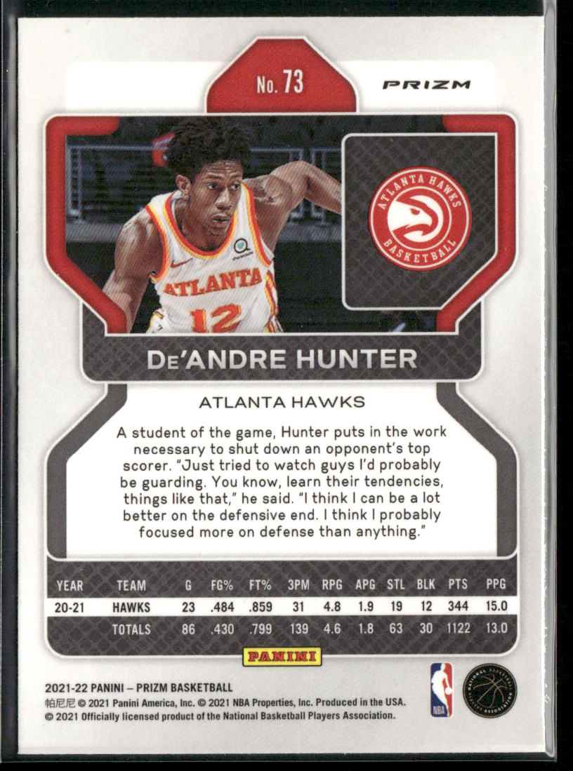 De'Andre Hunter 2021-22 Panini Prizm Red White and Blue #73 Atlanta Hawks