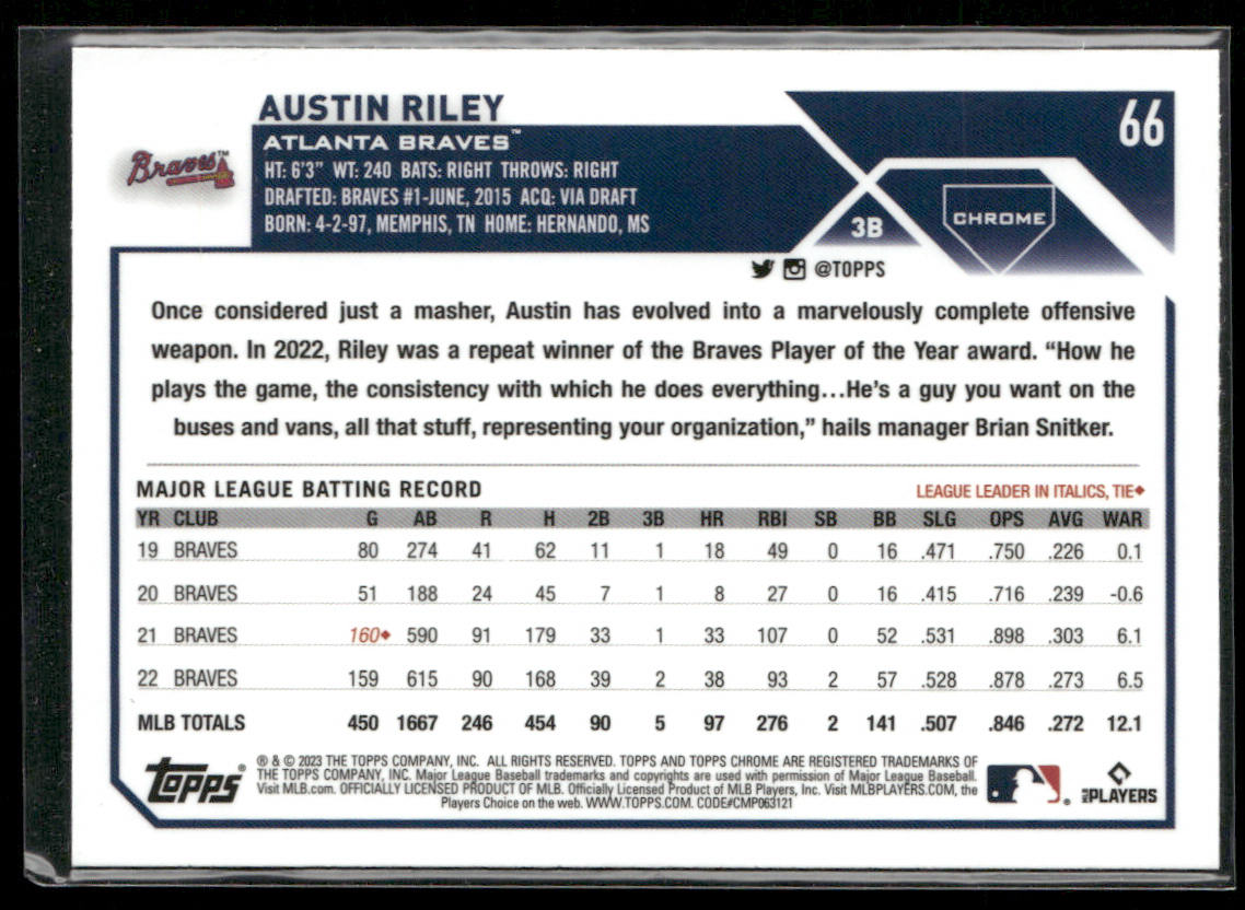 Austin Riley 2023 Topps Chrome Pink Refractors #66 Atlanta Braves