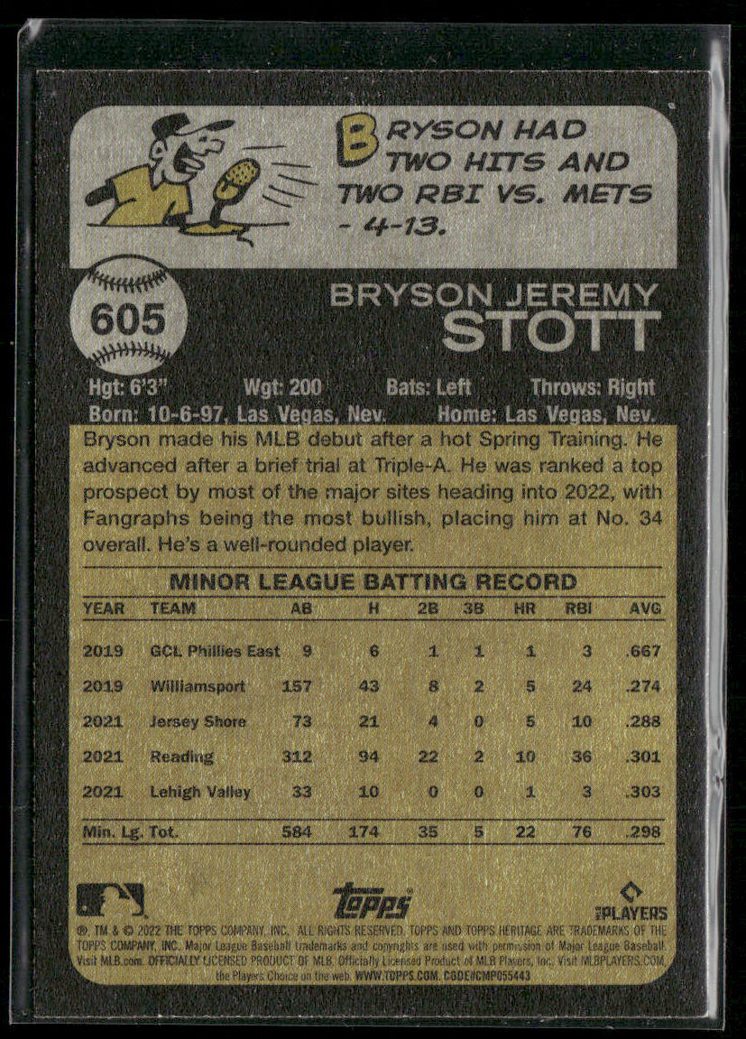 Bryson Stott 2022 Topps Heritage #605 RC Philadelphia Phillies