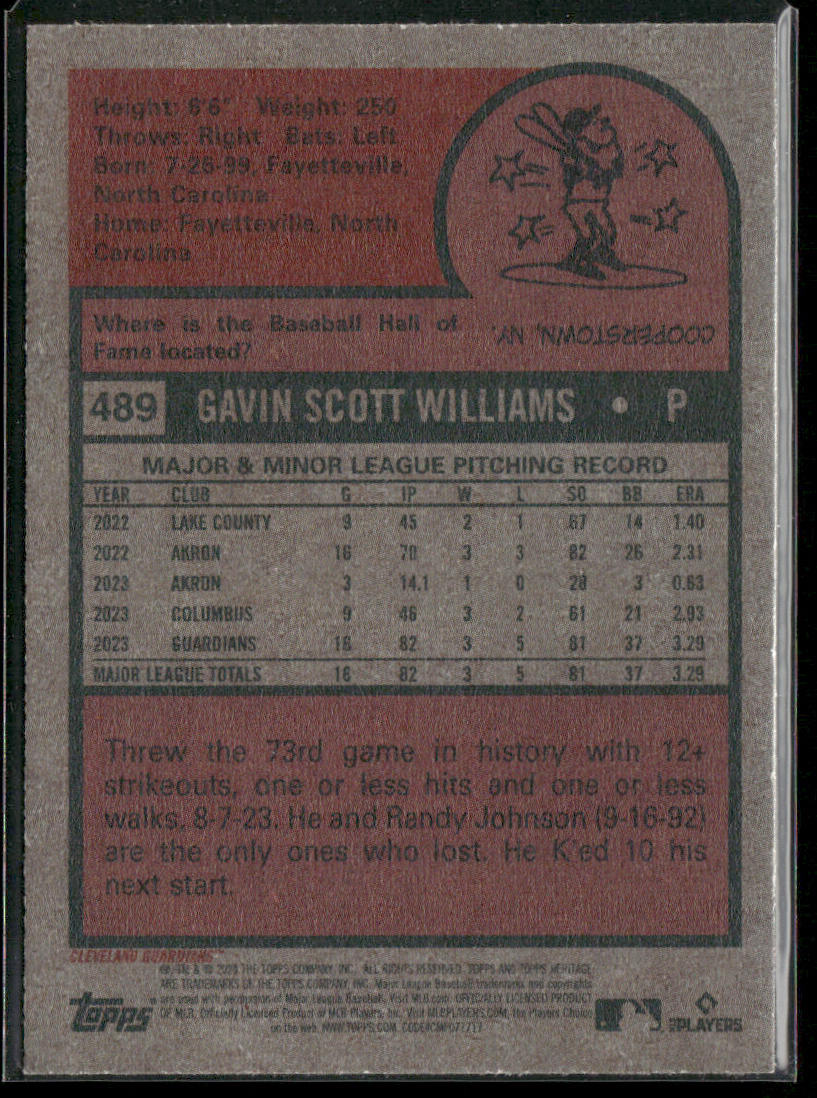 Gavin Williams 2024 Topps Heritage #489 RC Cleveland Guardians