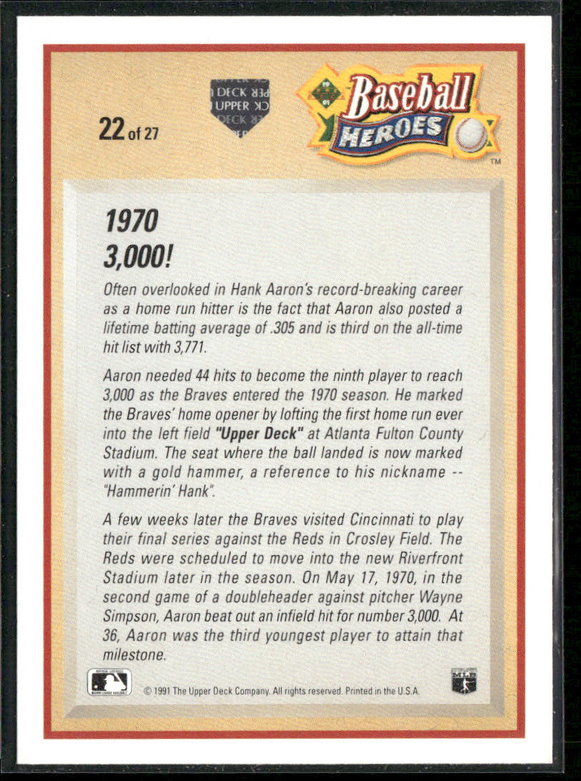 Hank Aaron 1991 Upper Deck Baseball Heroes: Hank Aaron #22 Atlanta Braves