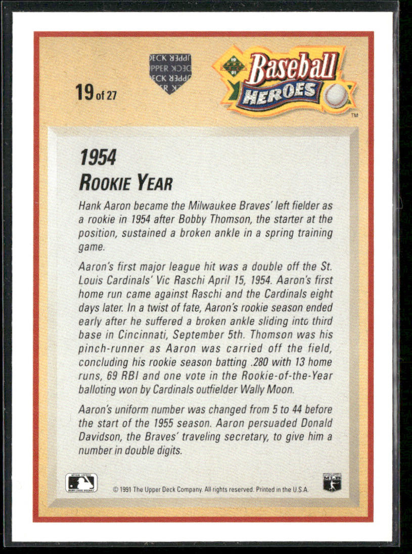 Hank Aaron 1991 Upper Deck Baseball Heroes: Hank Aaron #19 Milwaukee Braves back