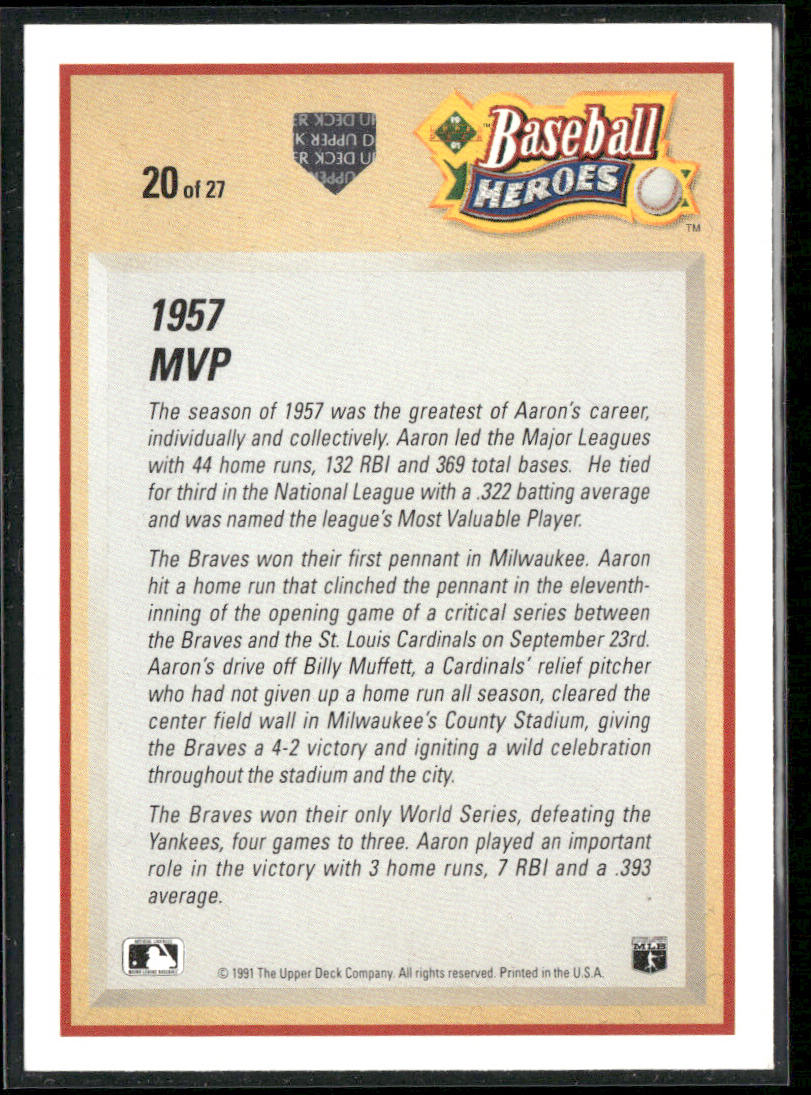 Hank Aaron 1991 Upper Deck Baseball Heroes: Hank Aaron #20 Milwaukee Braves