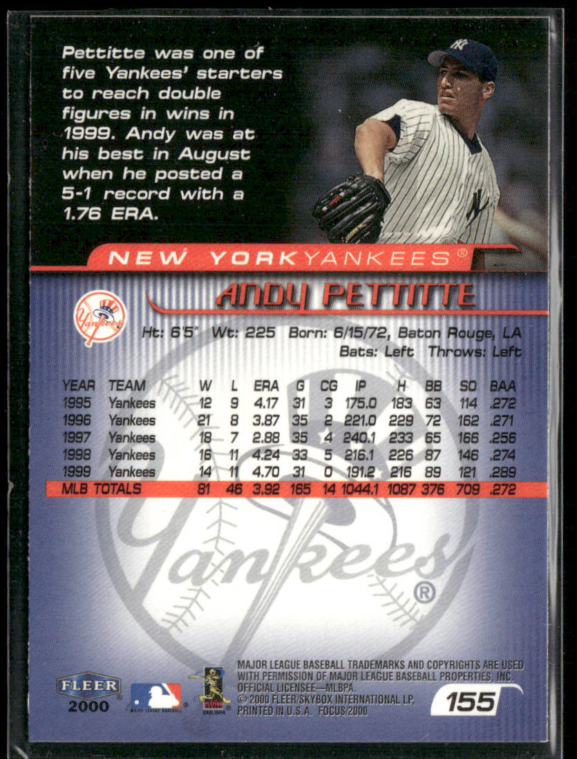 Andy Pettitte 2000 Fleer Focus #155 New York Yankees back