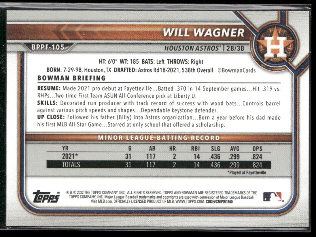 Will Wagner 2022 Bowman 1st Edition #BPPF-105 Houston Astros