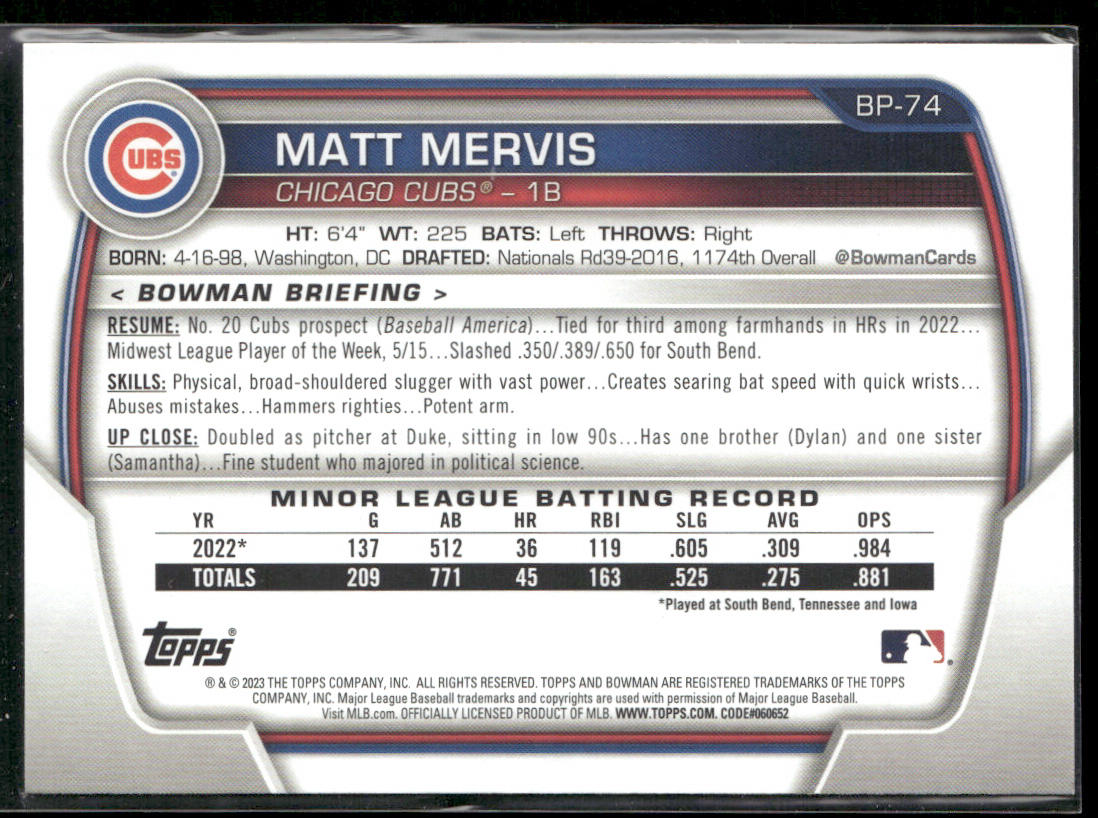 Matt Mervis 2023 Bowman 1st Edition #BPPF-74 Chicago Cubs