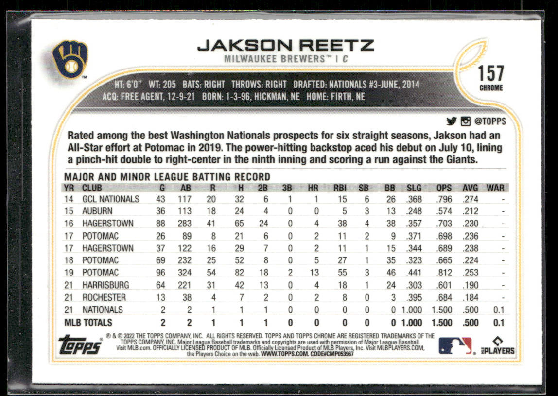 Jakson Reetz 2022 Topps Chrome Sonic #157 RC Milwaukee Brewers