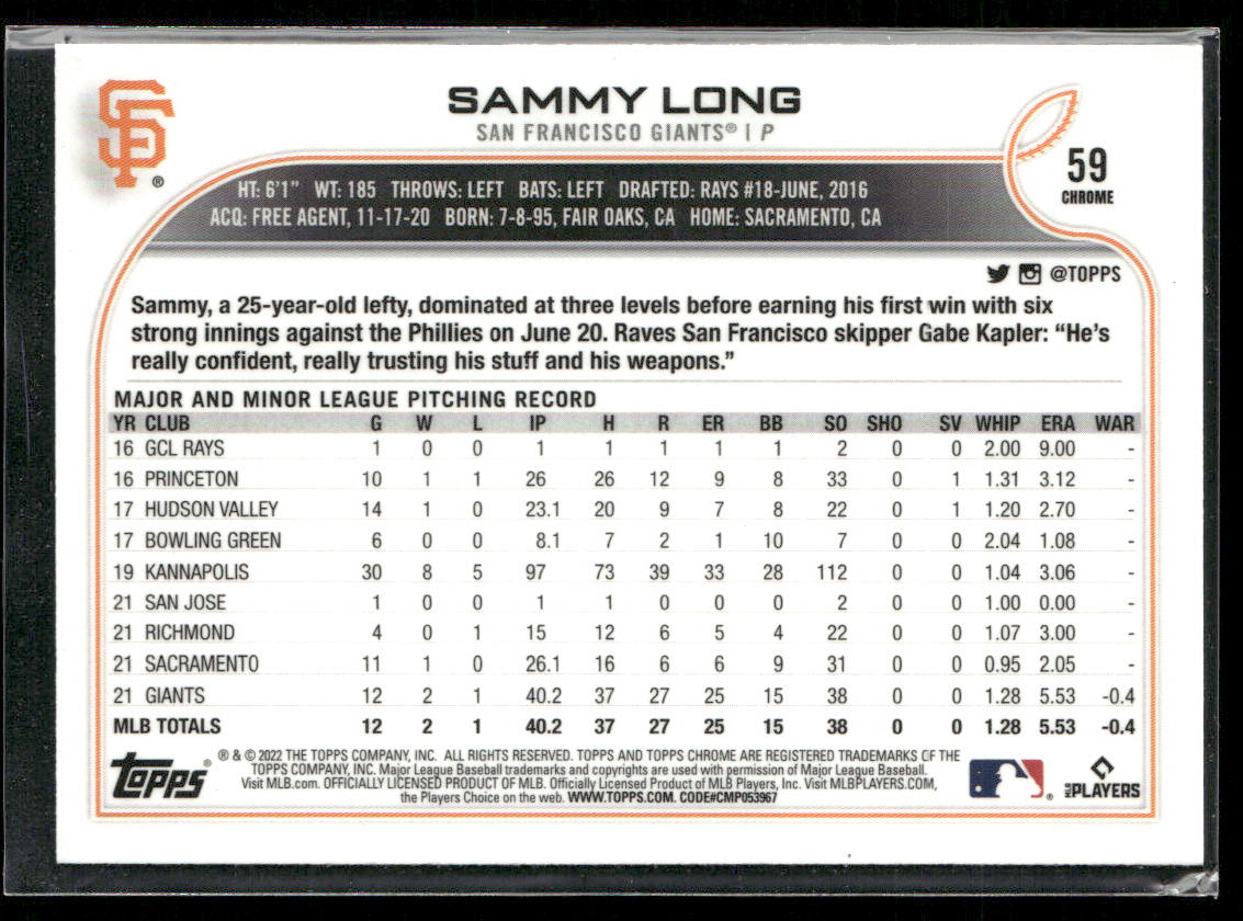 Sammy Long 2022 Topps Chrome #59 RC San Francisco Giants