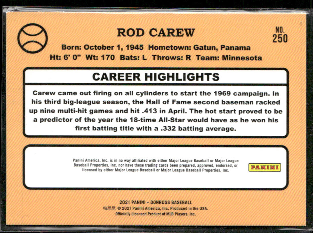 Rod Carew 2021 Donruss Holo Blue #250 Minnesota Twins