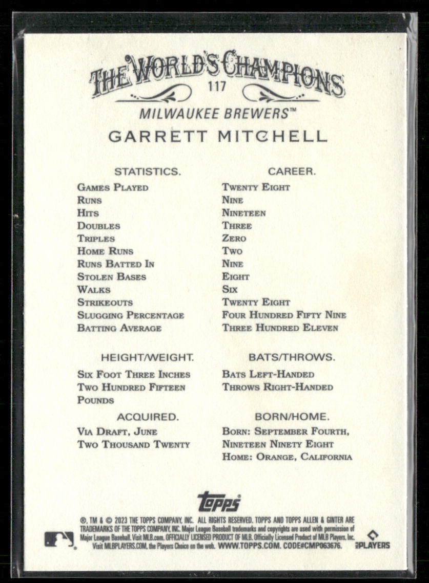 Garrett Mitchell 2023 Topps Allen & Ginter #117 RC Milwaukee Brewers