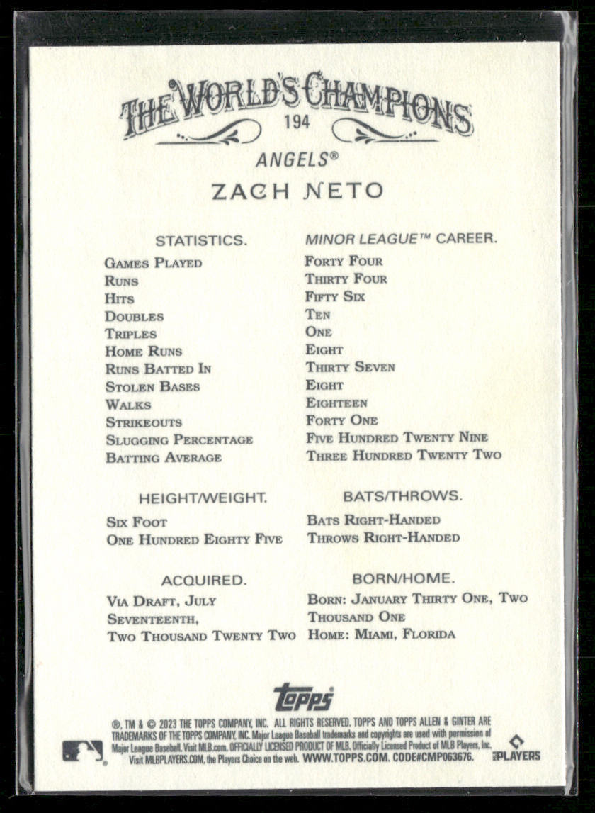 Zach Neto 2023 Topps Allen & Ginter #194 RC Los Angeles Angels