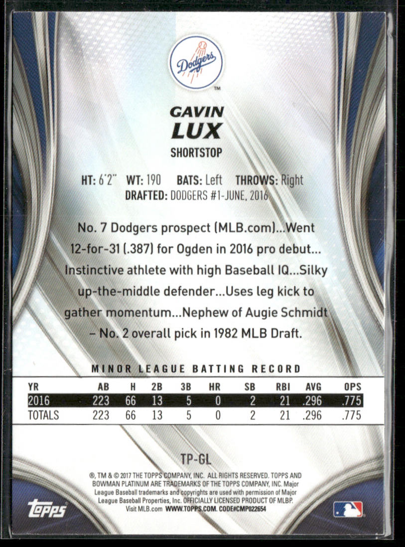 Gavin Lux 2017 Bowman Platinum Top Prospects #TP-GL Los Angeles Dodgers