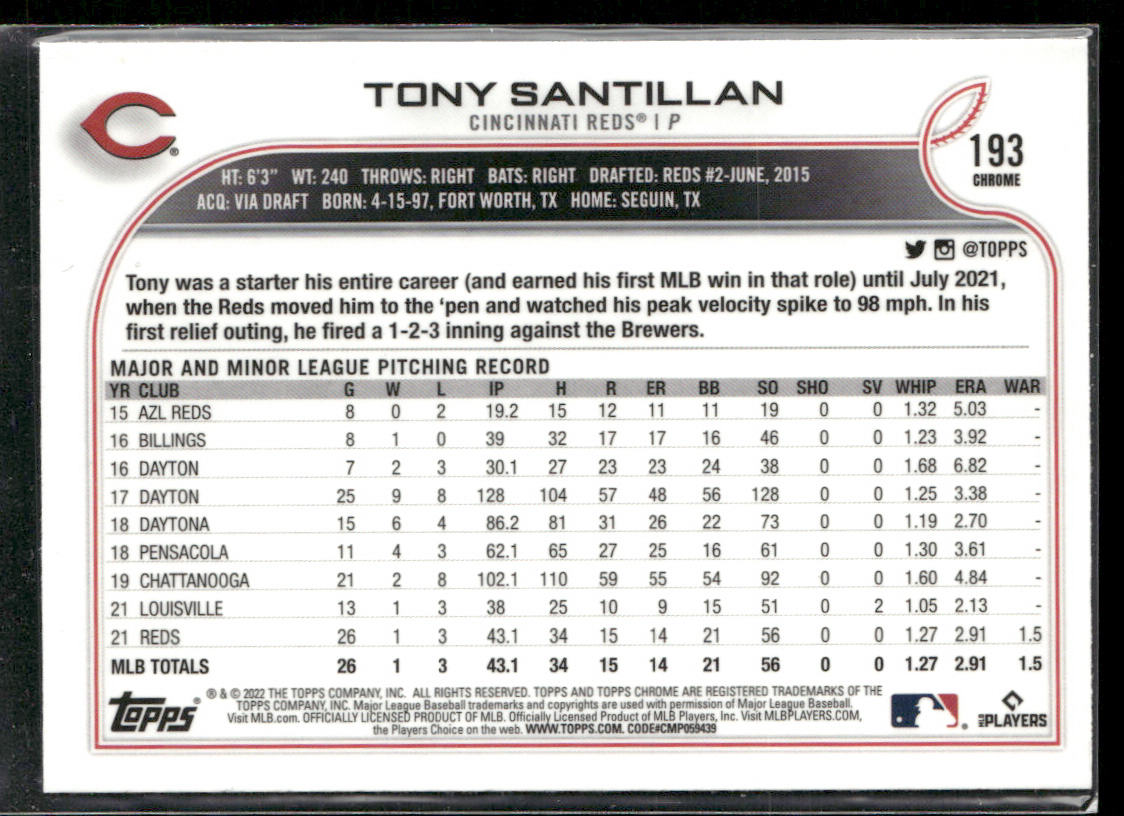 Tony Santillan 2022 Topps Chrome #193 RC Cincinnati Reds