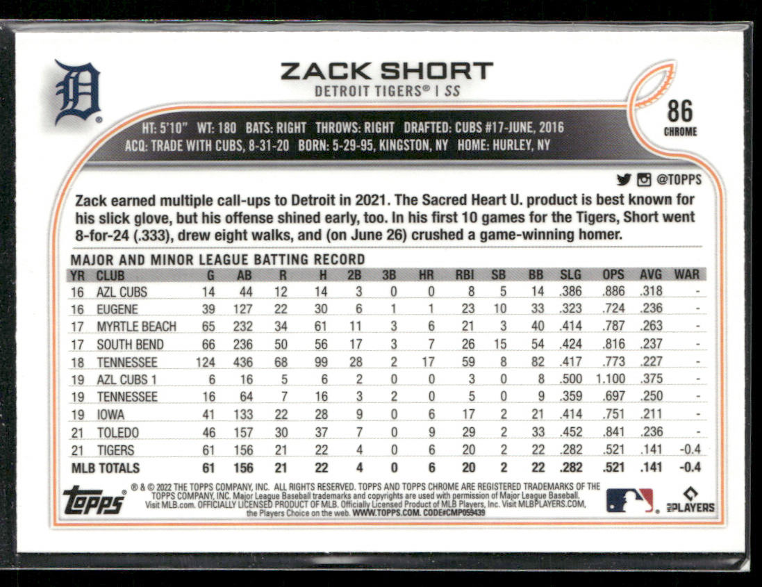 Zack Short 2022 Topps Chrome #86 RC Detroit Tigers