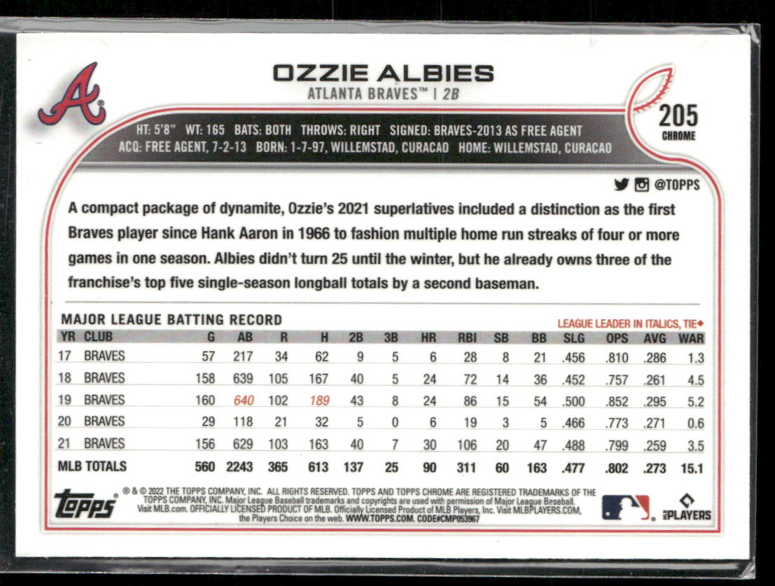 Ozzie Albies 2022 Topps Chrome #205 Atlanta Braves