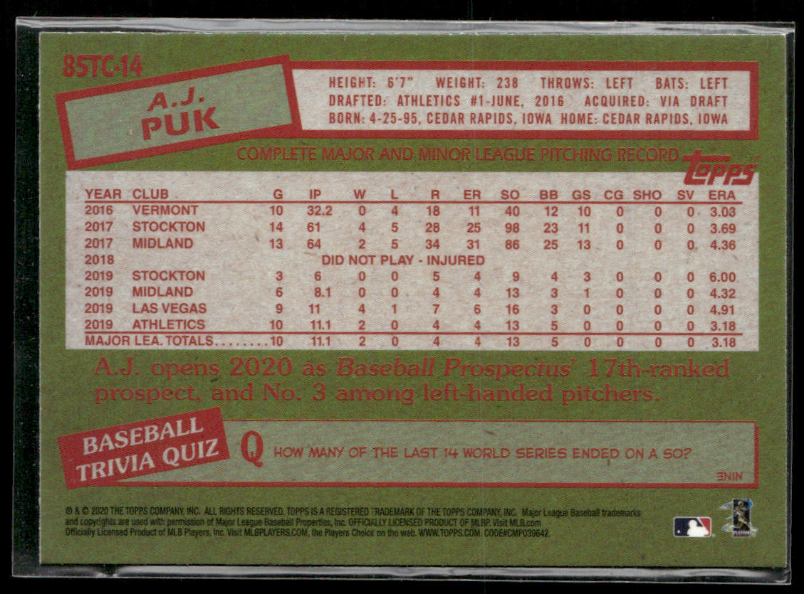A.J. Puk 2020 Topps Chrome 1985 Topps Baseball #85TC-14 Oakland Athletics