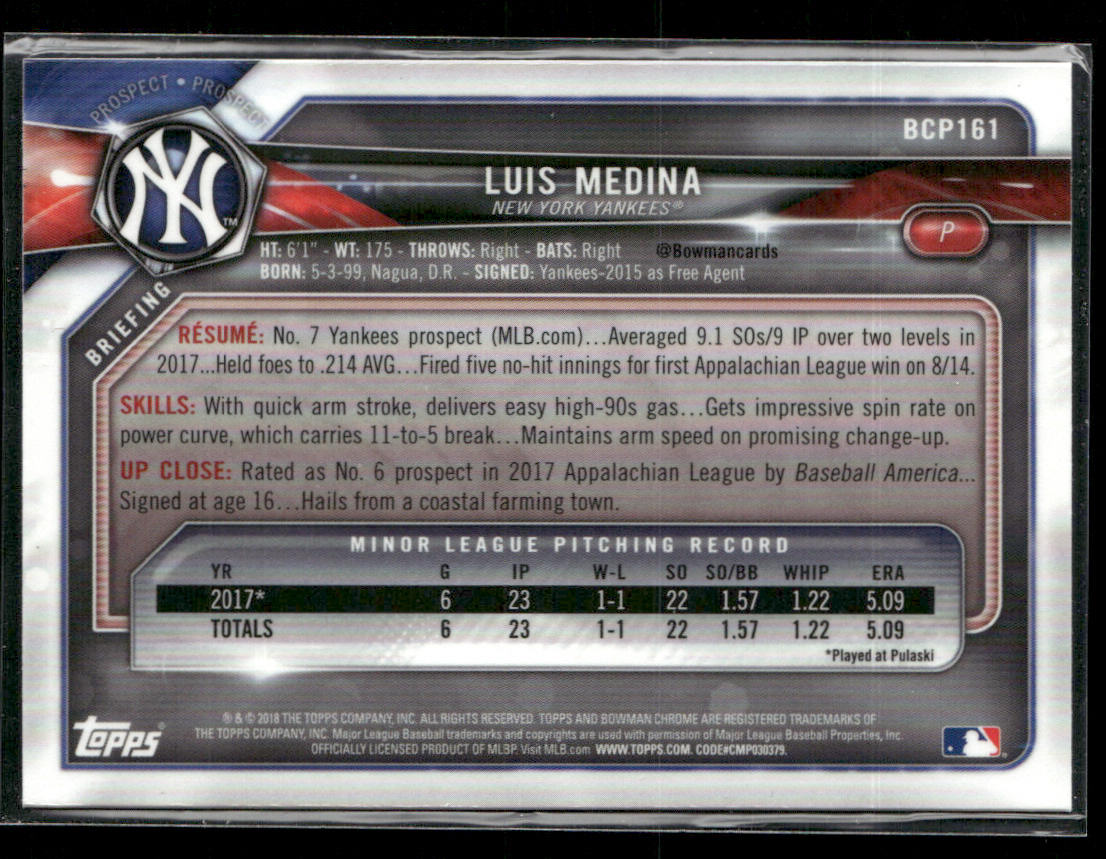 Luis Medina 2018 Bowman Chrome Prospects #BCP161 New York Yankees