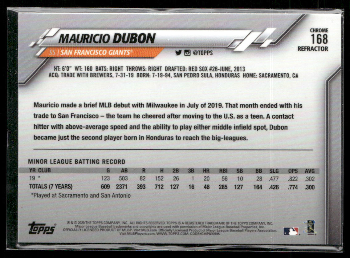 Mauricio Dubon 2020 Topps Chrome Refractor #168 RC San Francisco Giants