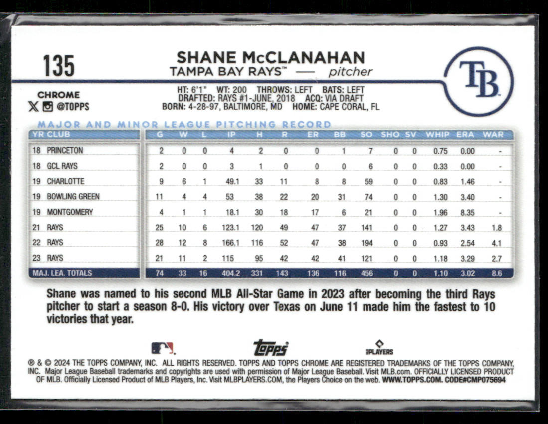 Shane McClanahan 2024 Topps Chrome Pink Refractors #135 Tampa Bay Rays