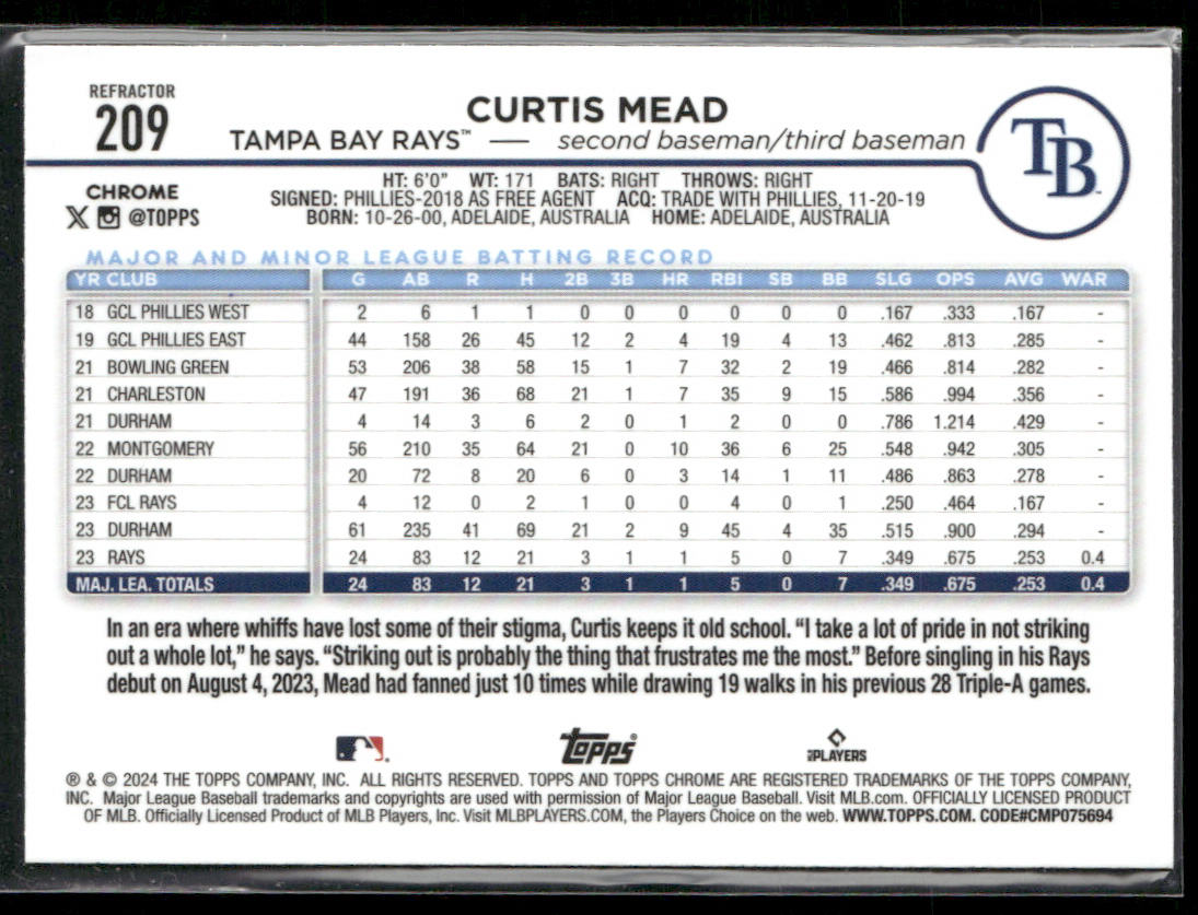 Curtis Mead 2024 Topps Chrome Refractors #209 RC Tampa Bay Rays