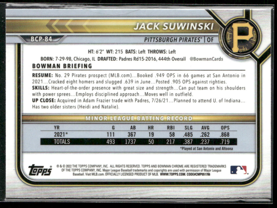 Jack Suwinski 2022 Bowman Chrome Prospects #BCP-84 Pittsburgh Pirates