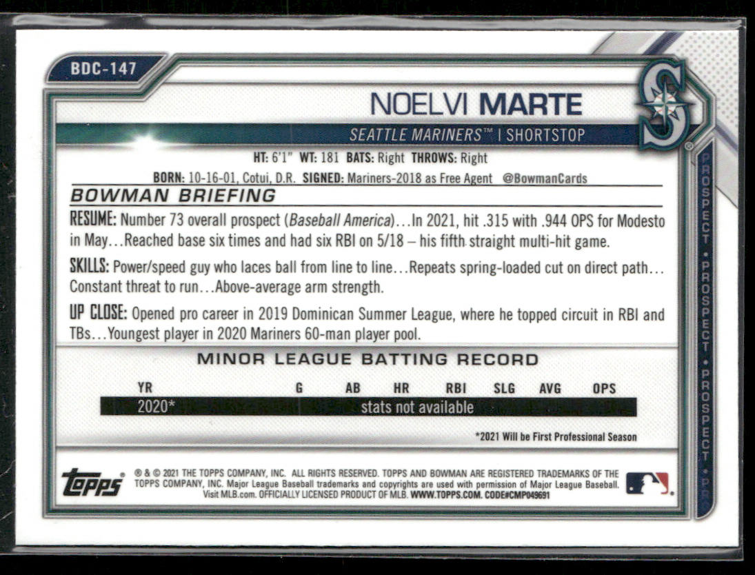 Noelvi Marte 2021 Bowman Draft Sapphire Edition #BDC-147 Seattle Mariners