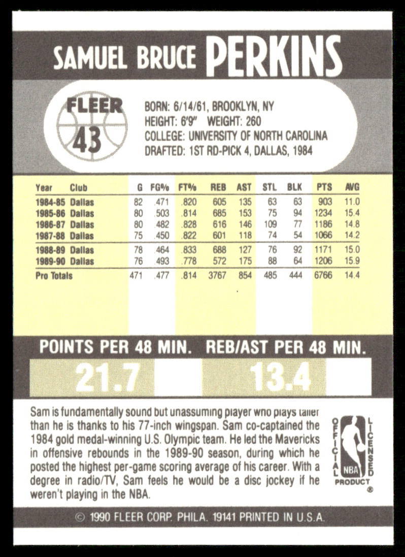 Sam Perkins 1990-91 Fleer #43b Dallas Mavericks