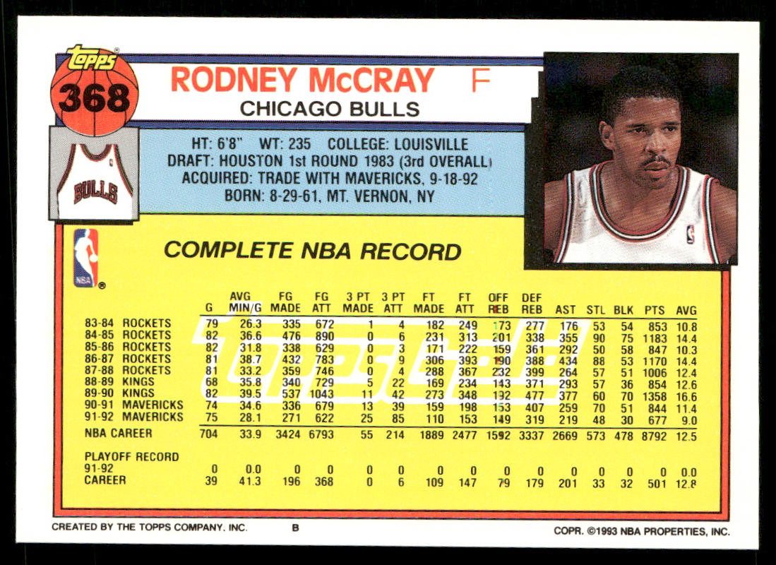Rodney McCray 1992-93 Topps Gold #368 Chicago Bulls