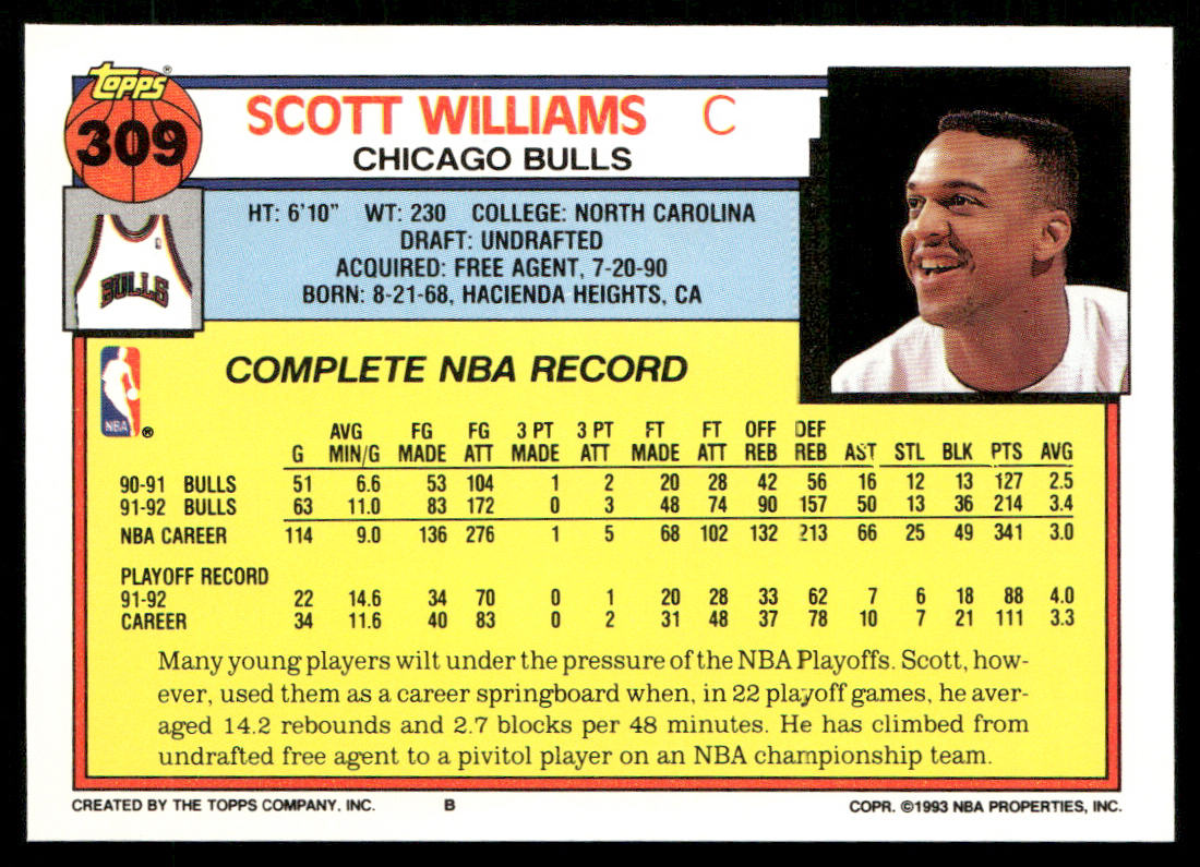 Scott Williams 1992-93 Topps #309 Chicago Bulls