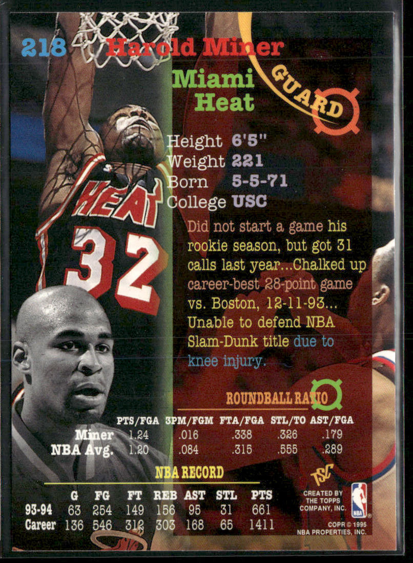 Harold Miner 1994-95 Stadium Club #218 Miami Heat
