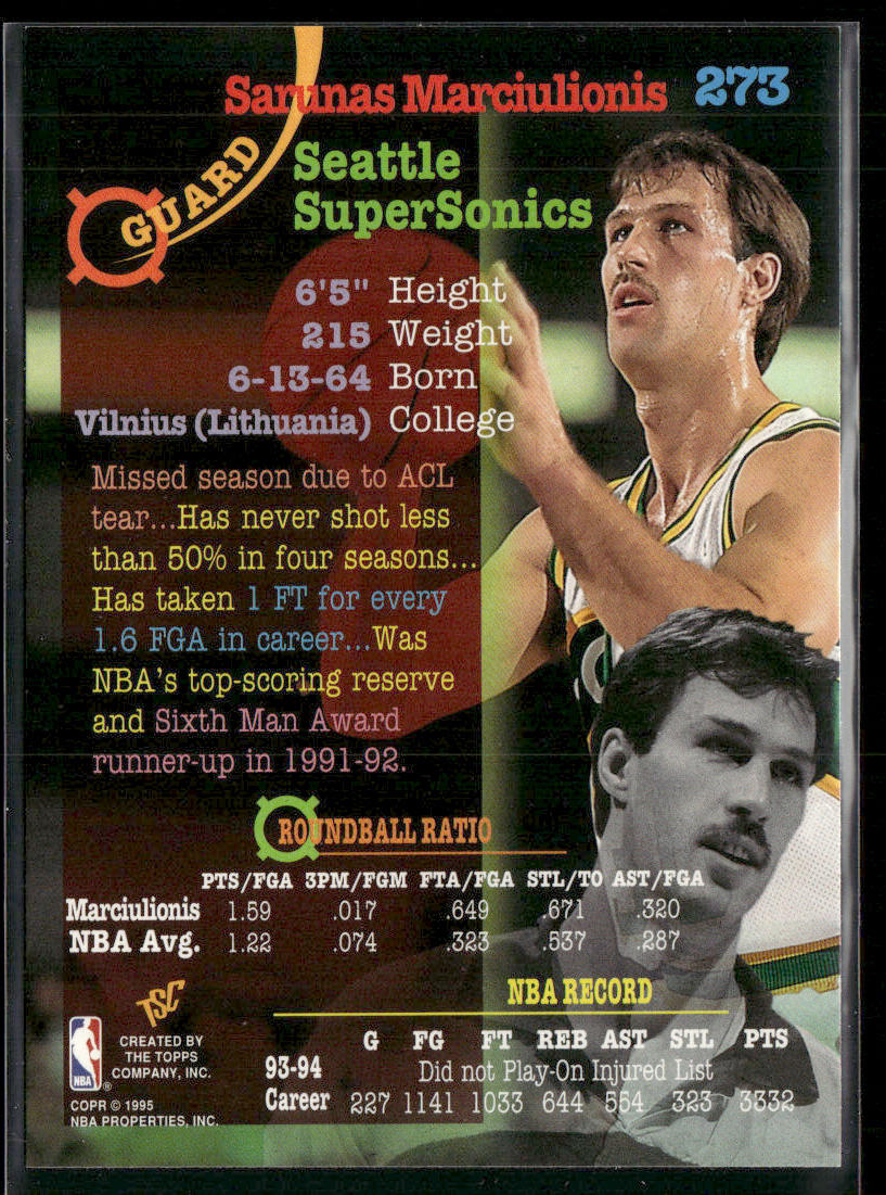 Sarunas Marciulionis 1994-95 Stadium Club #273 Seattle SuperSonics