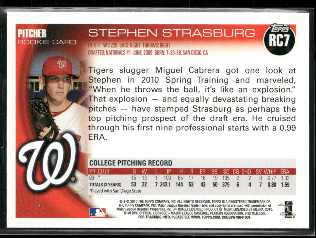 Stephen Strasburg 2010 Topps Factory Set Bonus: Rookies #RC7 Nationals