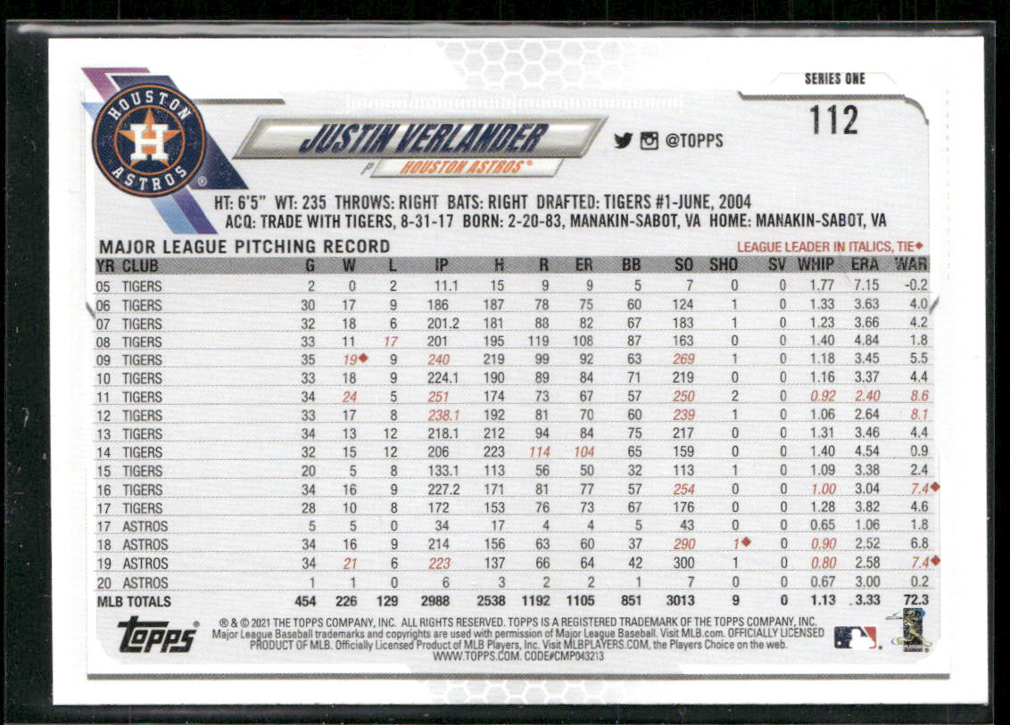 Justin Verlander 2021 Topps #112a Houston Astros