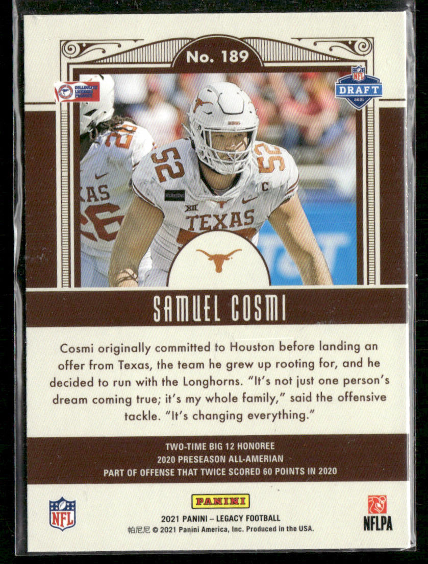 Samuel Cosmi 2021 Panini Legacy #189 RC Texas Longhorns