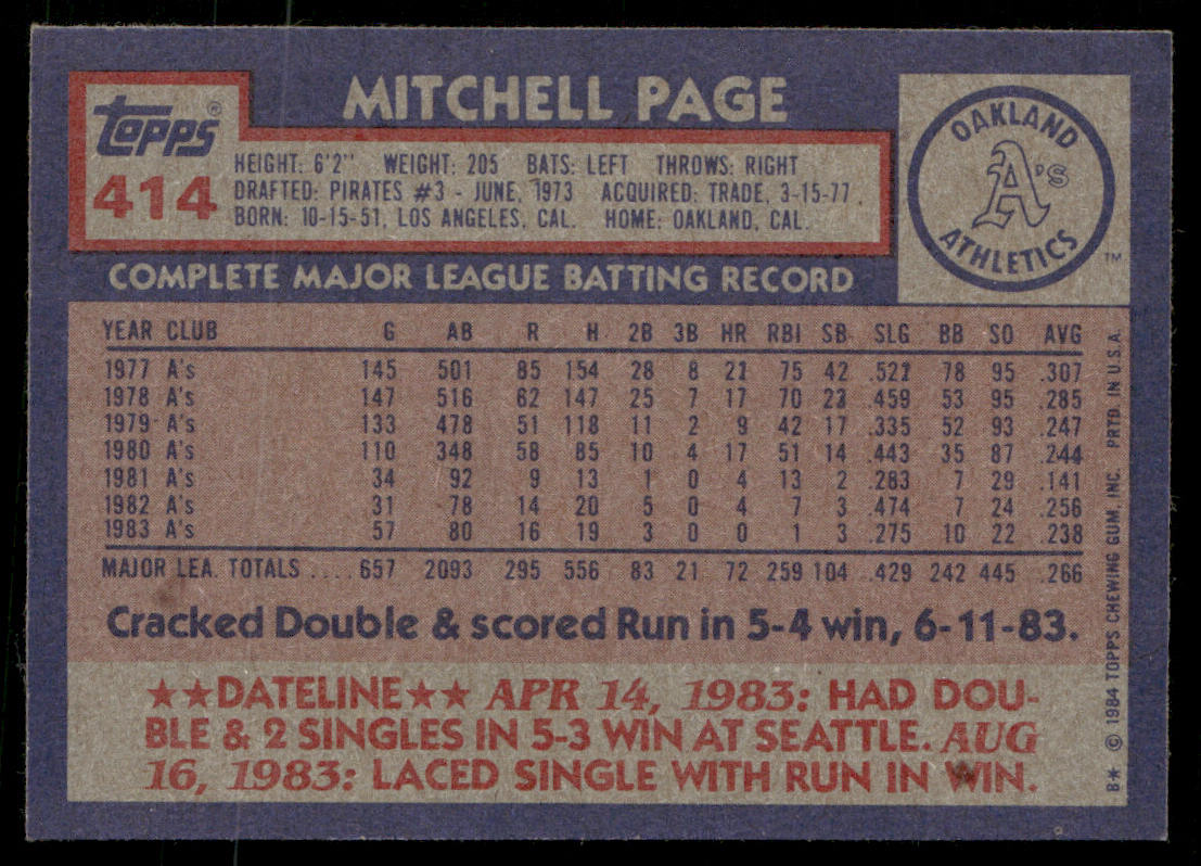 Mitchell Page 1984 Topps #414 Oakland Athletics
