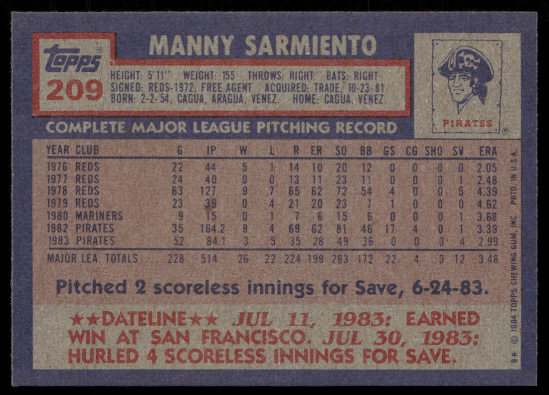Manny Sarmiento 1984 Topps #209 Pittsburgh Pirates