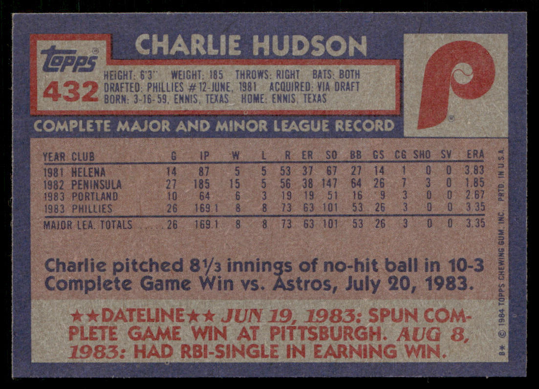Charlie Hudson 1984 Topps #432 RC Philadelphia Phillies