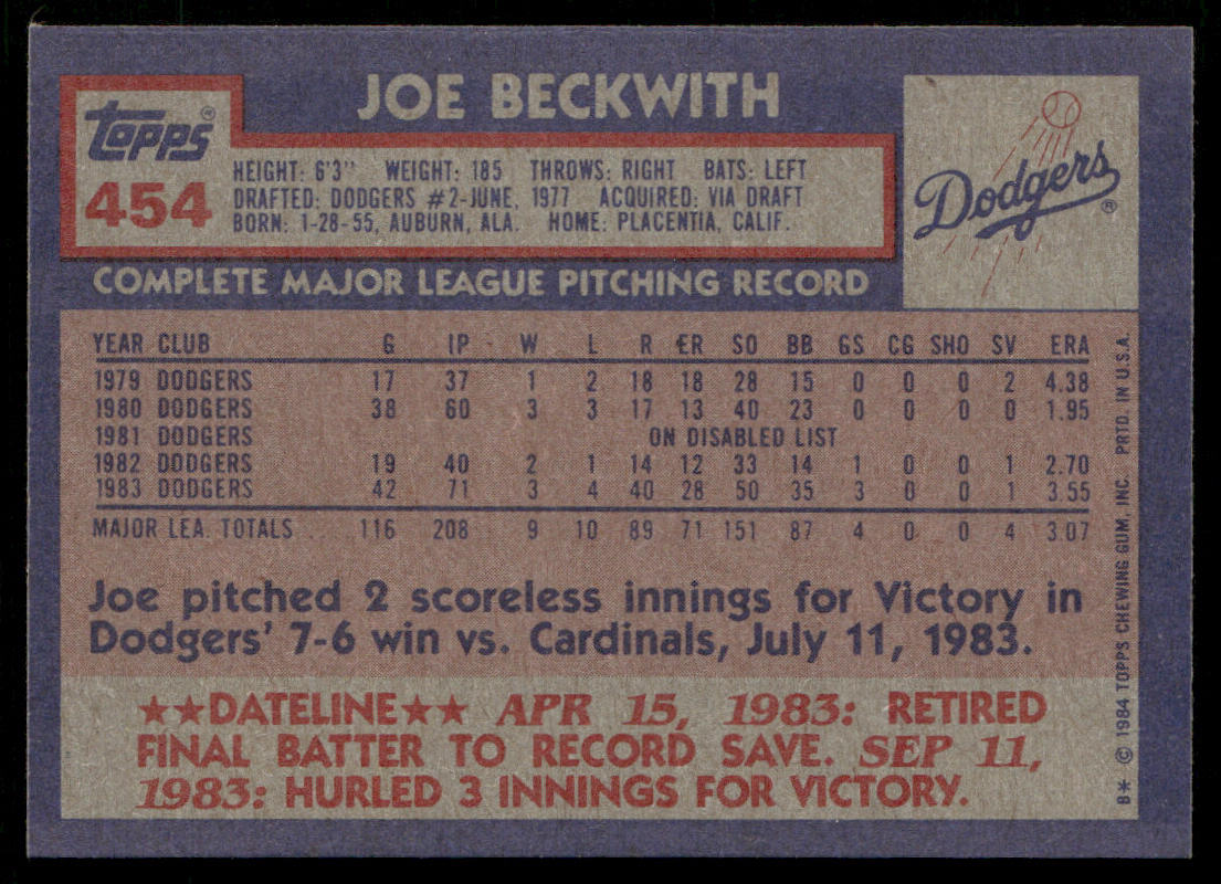 Joe Beckwith 1984 Topps #454 Los Angeles Dodgers