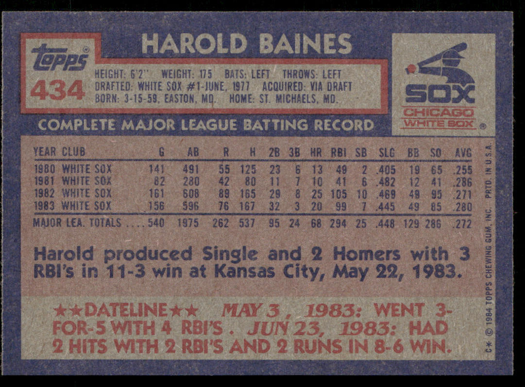 Harold Baines 1984 Topps #434 Chicago White Sox