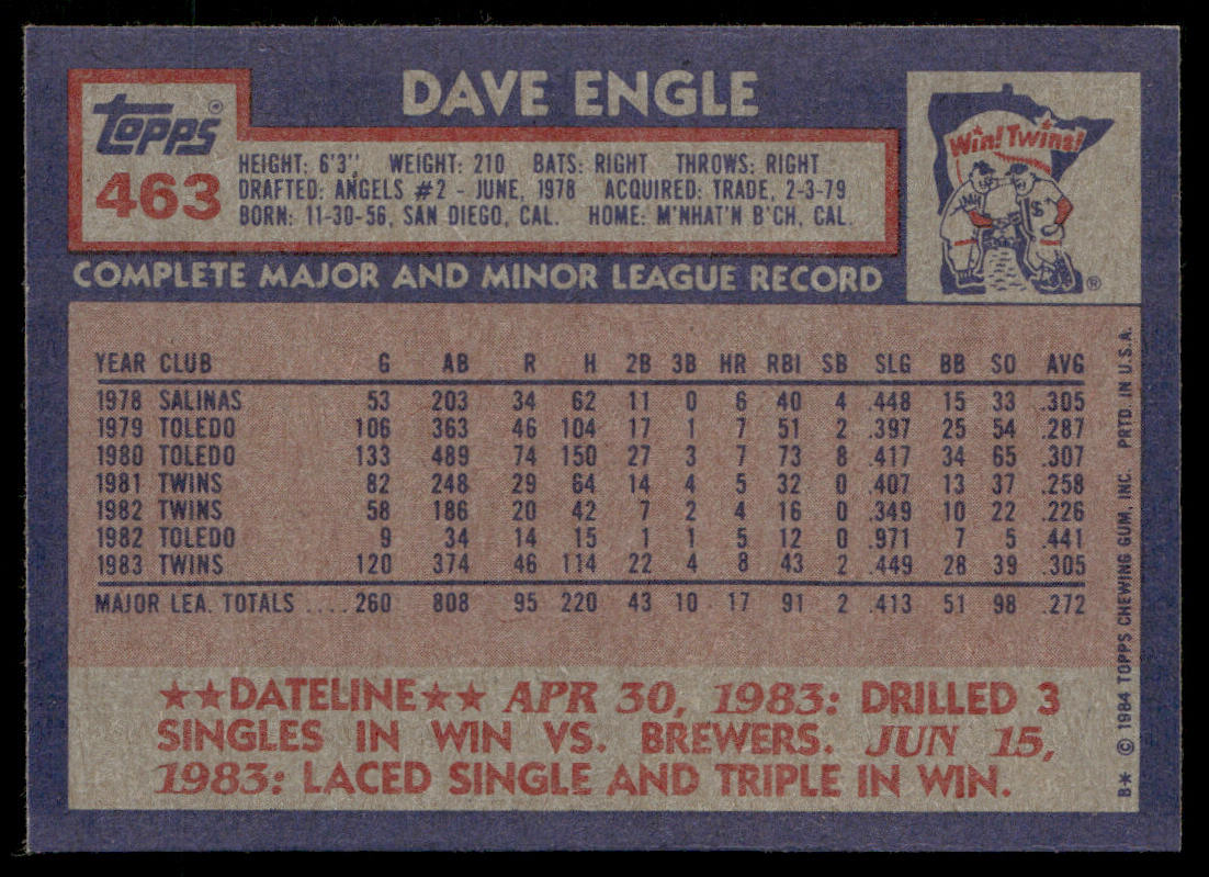 Dave Engle 1984 Topps #463 Minnesota Twins