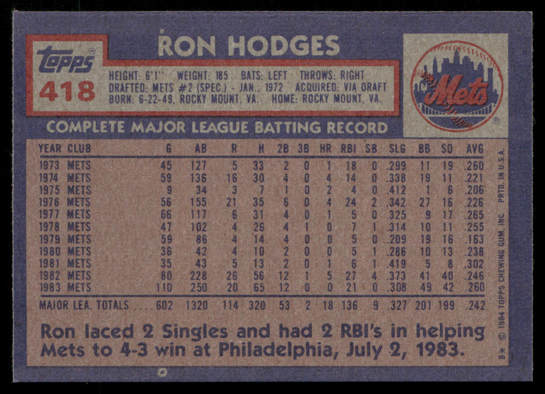 Ron Hodges 1984 Topps #418 New York Mets