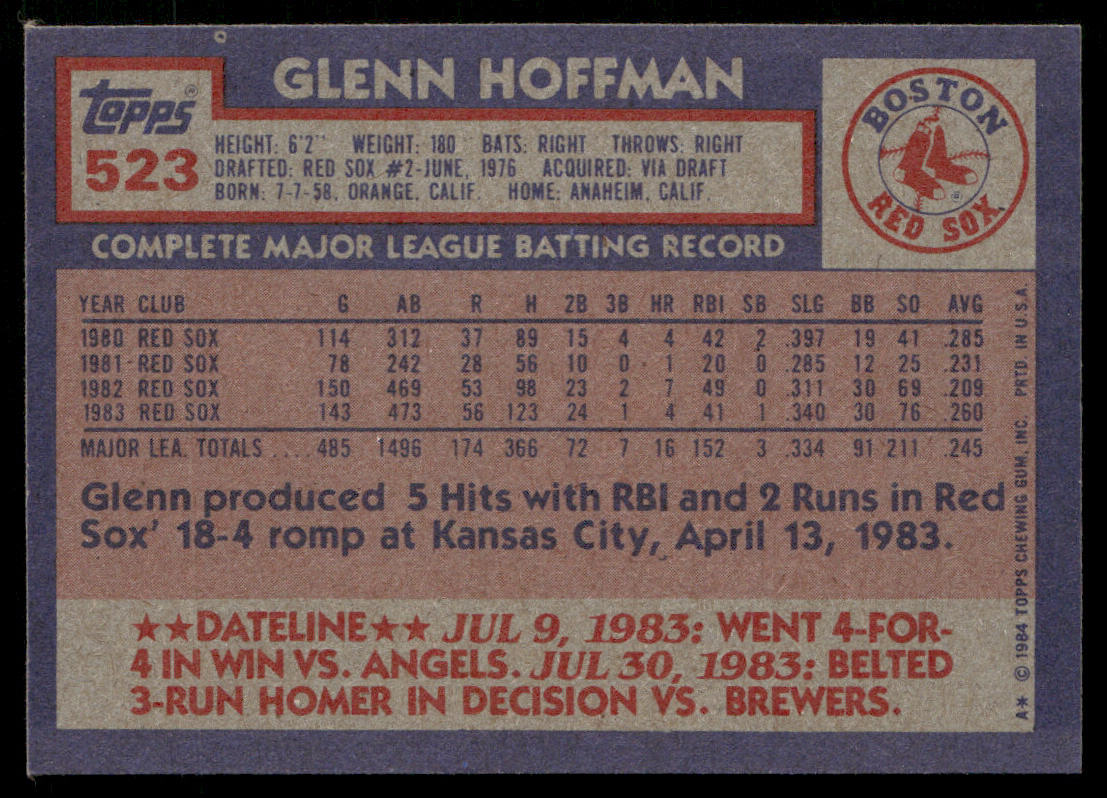 Glenn Hoffman 1984 Topps #523 Boston Red Sox