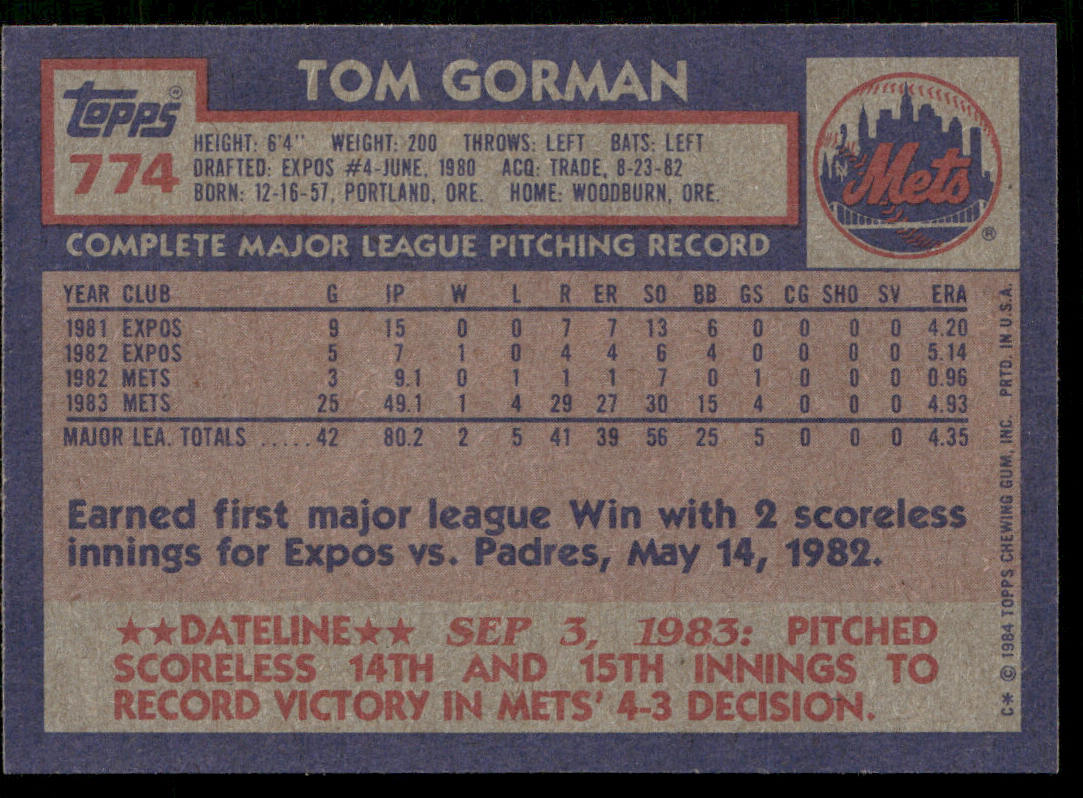Tom Gorman 1984 Topps #774 RC New York Mets